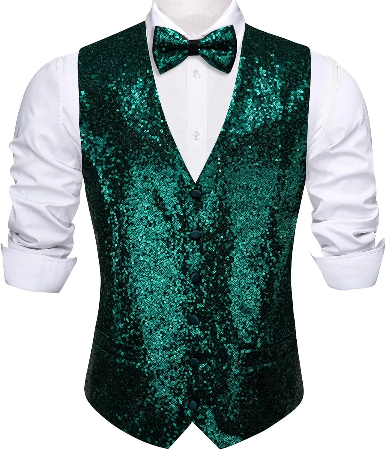 Barry.Wang Mens Sequins Vest Formal/Leisure V-neck Shiny Waistcoat Bowtie Set Prom Party Tuxedo