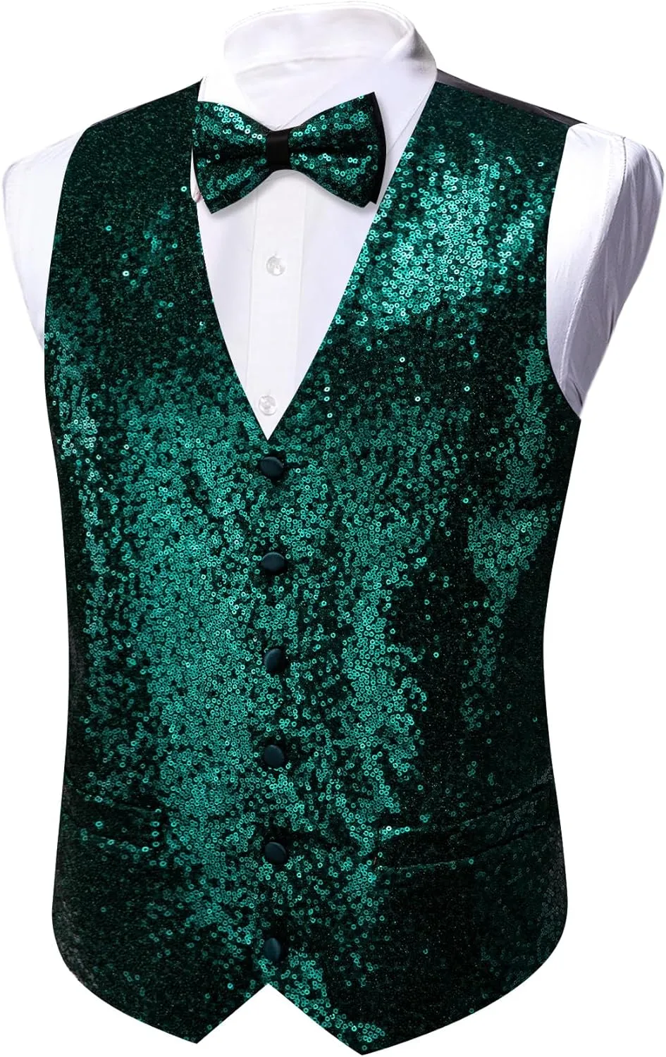 Barry.Wang Mens Sequins Vest Formal/Leisure V-neck Shiny Waistcoat Bowtie Set Prom Party Tuxedo