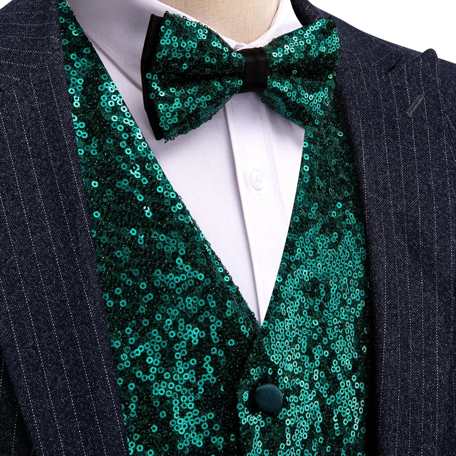 Barry.Wang Mens Sequins Vest Formal/Leisure V-neck Shiny Waistcoat Bowtie Set Prom Party Tuxedo