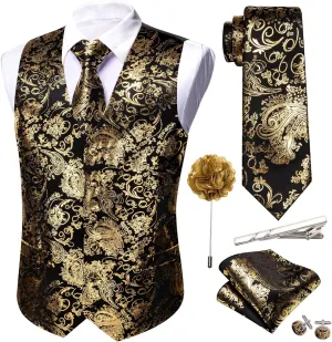 Barry.Wang Mens Shiny Disco Vests Party Nightclub Paisley Metallic Gothic Vest Tie Handkerchief Cufflink Clip Brooch 6PCS