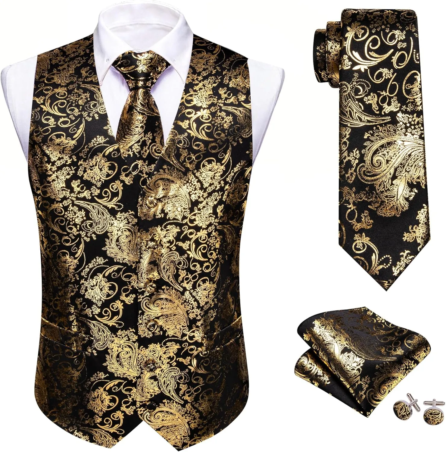 Barry.Wang Mens Shiny Disco Vests Party Nightclub Paisley Metallic Gothic Vest Tie Handkerchief Cufflink Clip Brooch 6PCS