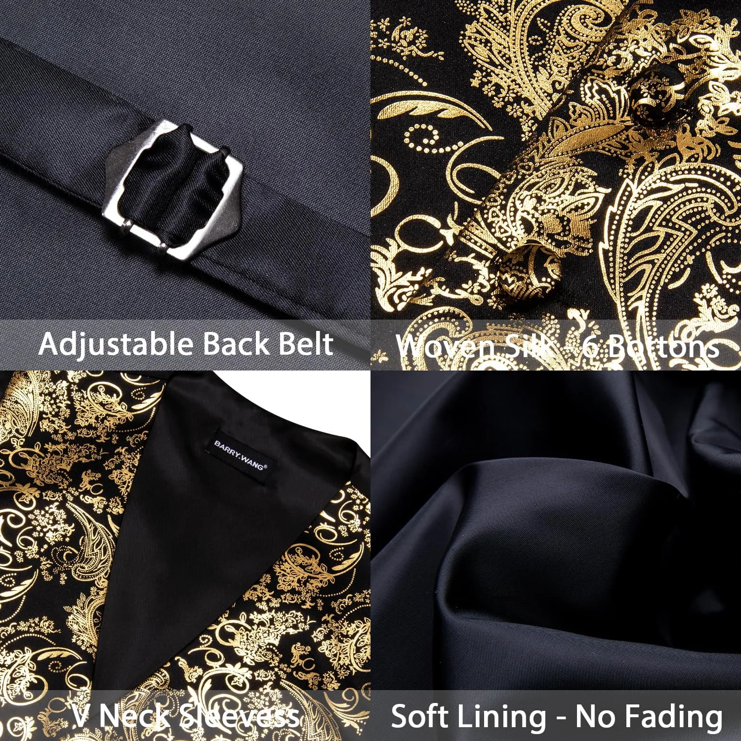 Barry.Wang Mens Shiny Disco Vests Party Nightclub Paisley Metallic Gothic Vest Tie Handkerchief Cufflink Clip Brooch 6PCS