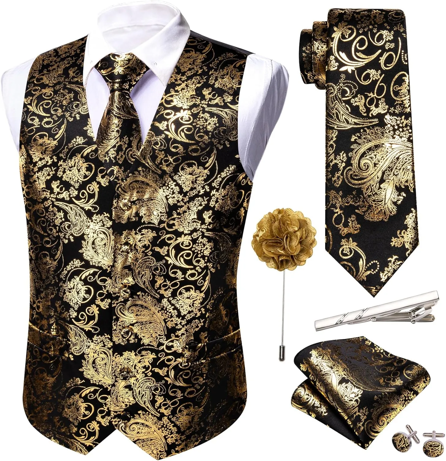 Barry.Wang Mens Shiny Disco Vests Party Nightclub Paisley Metallic Gothic Vest Tie Handkerchief Cufflink Clip Brooch 6PCS