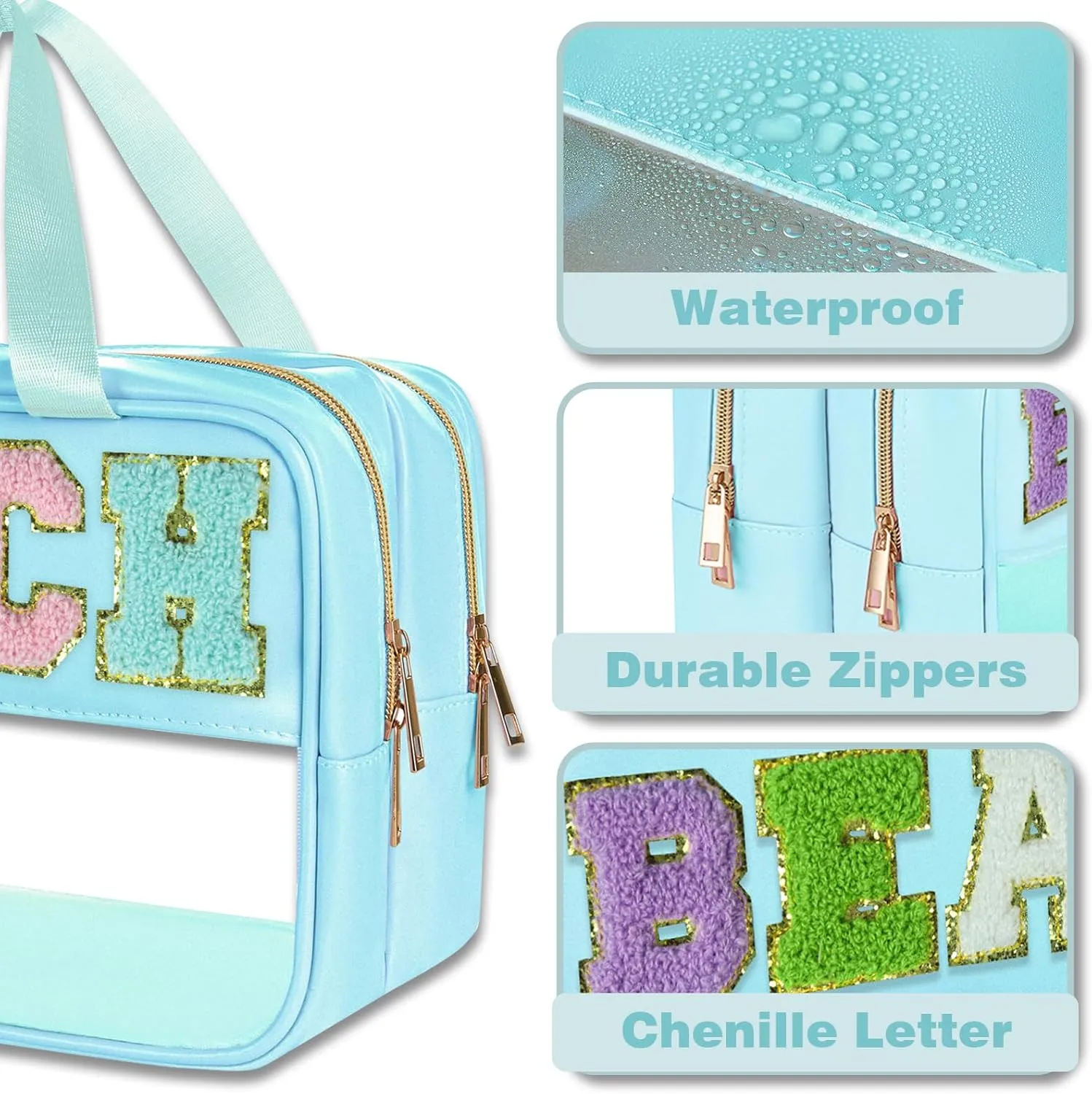 Beach Bag Beach Accessories for Women Chenille Letter Patch Clear Bags Sunscreen Bags spf bag Preppy Cosmetic Bag Clear Pouch with Zipper Case Mate Pouch