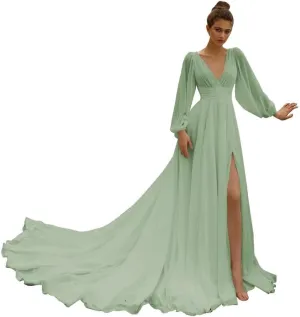 Beach Wedding Dress with Slit for Bride Chiffon Prom Dress Pleated Long Sleeves Evening Party Gowns BU082
