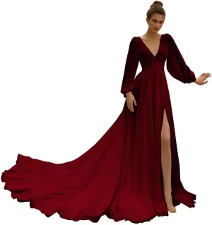 Beach Wedding Dress with Slit for Bride Chiffon Prom Dress Pleated Long Sleeves Evening Party Gowns BU082