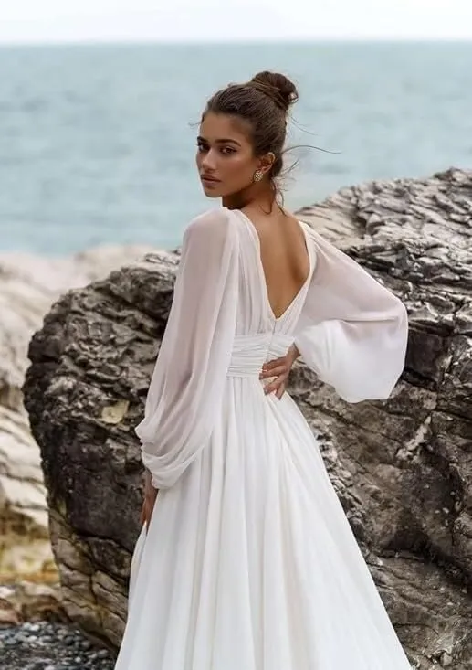 Beach Wedding Dress with Slit for Bride Chiffon Prom Dress Pleated Long Sleeves Evening Party Gowns BU082