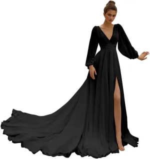 Beach Wedding Dress with Slit for Bride Chiffon Prom Dress Pleated Long Sleeves Evening Party Gowns BU082