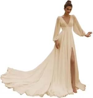 Beach Wedding Dress with Slit for Bride Chiffon Prom Dress Pleated Long Sleeves Evening Party Gowns BU082