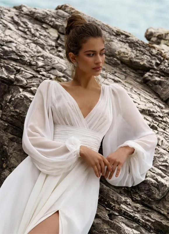 Beach Wedding Dress with Slit for Bride Chiffon Prom Dress Pleated Long Sleeves Evening Party Gowns BU082