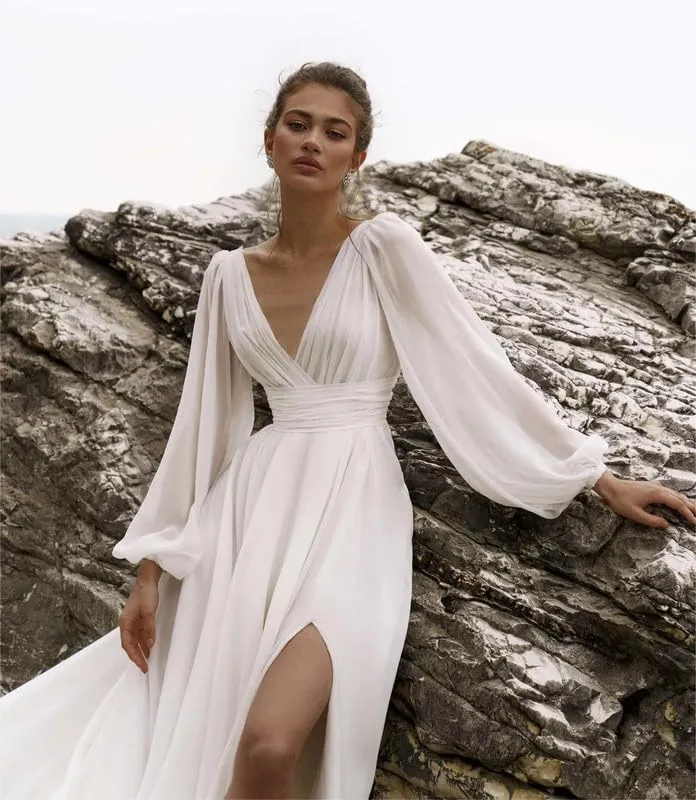 Beach Wedding Dress with Slit for Bride Chiffon Prom Dress Pleated Long Sleeves Evening Party Gowns BU082