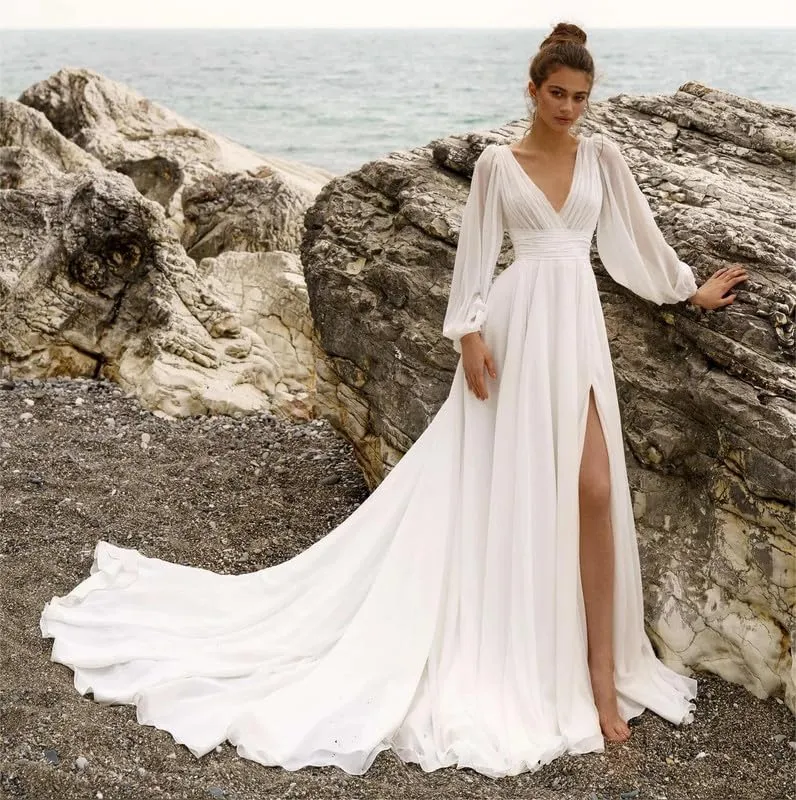 Beach Wedding Dress with Slit for Bride Chiffon Prom Dress Pleated Long Sleeves Evening Party Gowns BU082