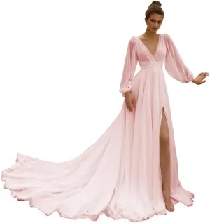 Beach Wedding Dress with Slit for Bride Chiffon Prom Dress Pleated Long Sleeves Evening Party Gowns BU082