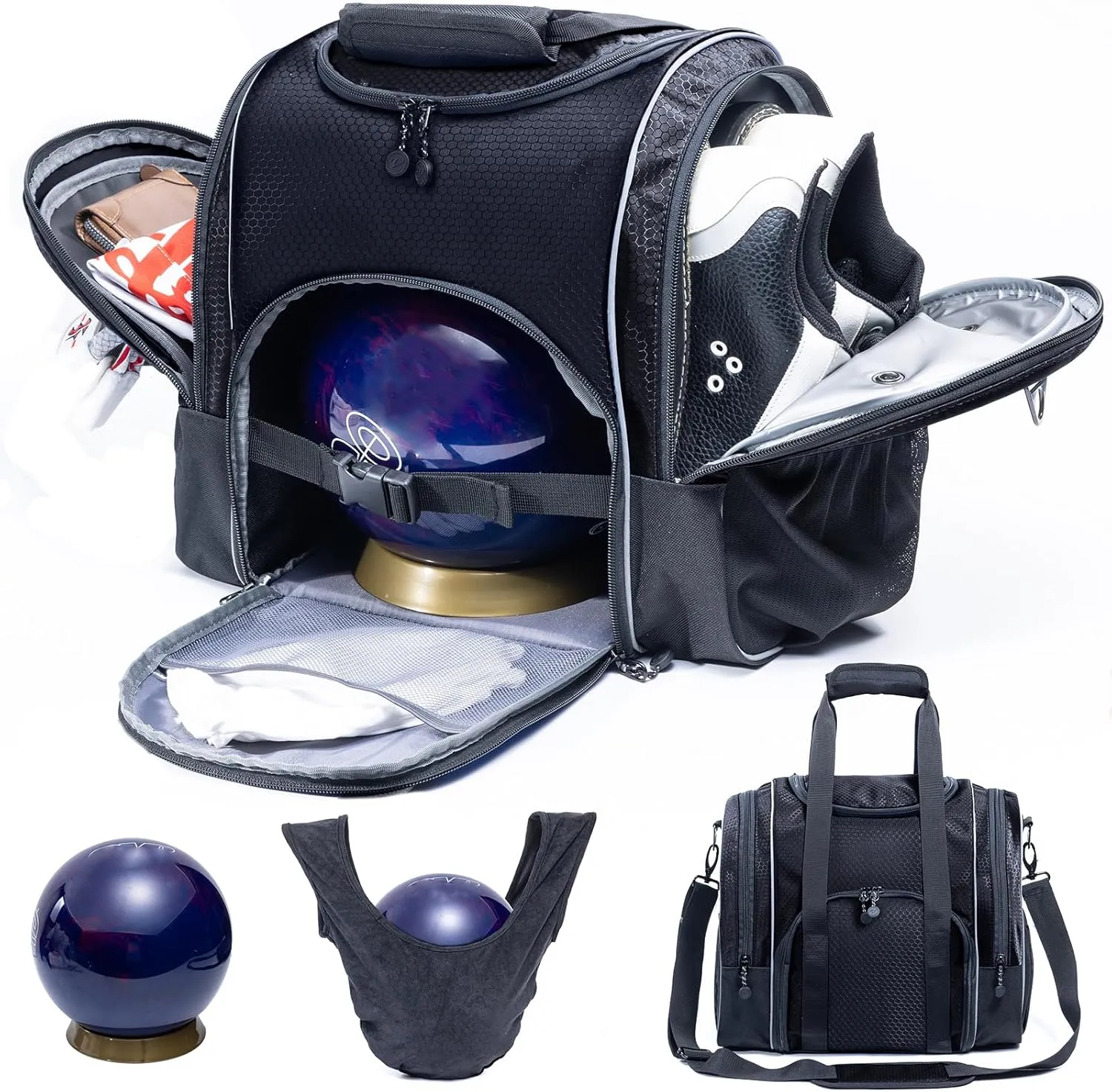 Bowling Ball Bag - Single Ball Tote with Cup Holder and Microfiber Polisher - Grey, Medium