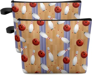 Bowling Game Cosmetic Bags for Women, Wood Bowling Track Sports Theme Small Makeup Bag for Purse, Waterproof Travel Toiletry Bag Accessories Organizer, 2PCS