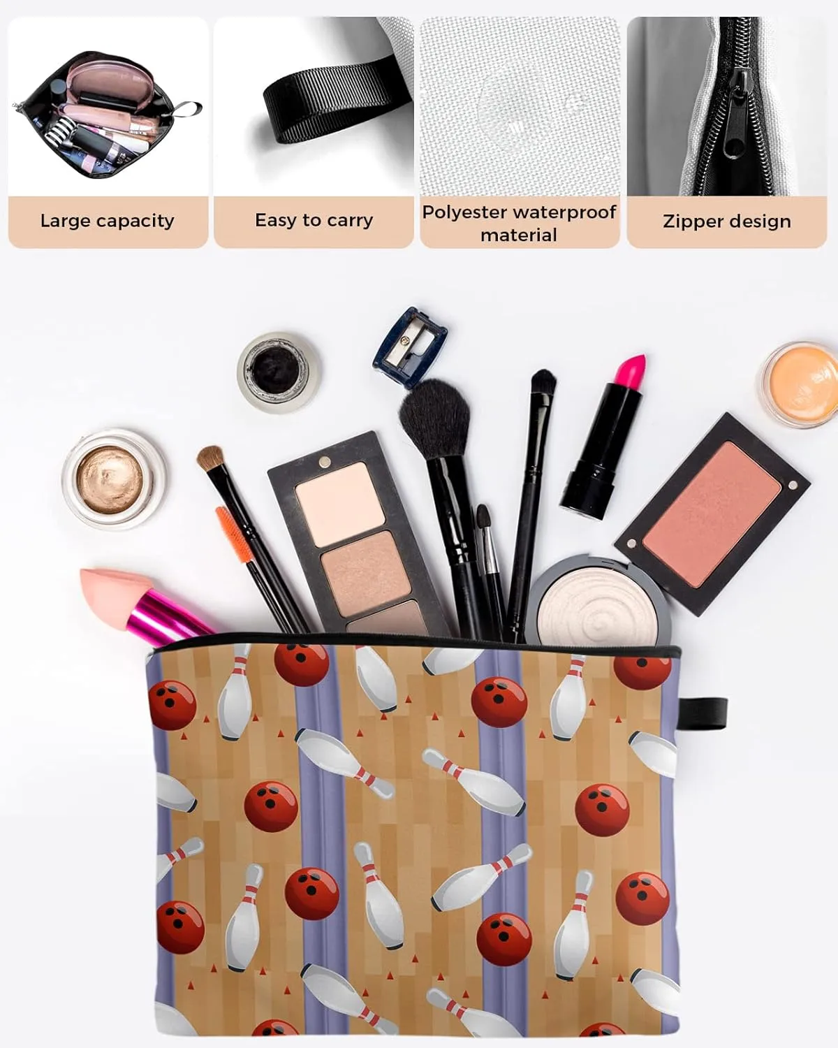 Bowling Game Cosmetic Bags for Women, Wood Bowling Track Sports Theme Small Makeup Bag for Purse, Waterproof Travel Toiletry Bag Accessories Organizer, 2PCS