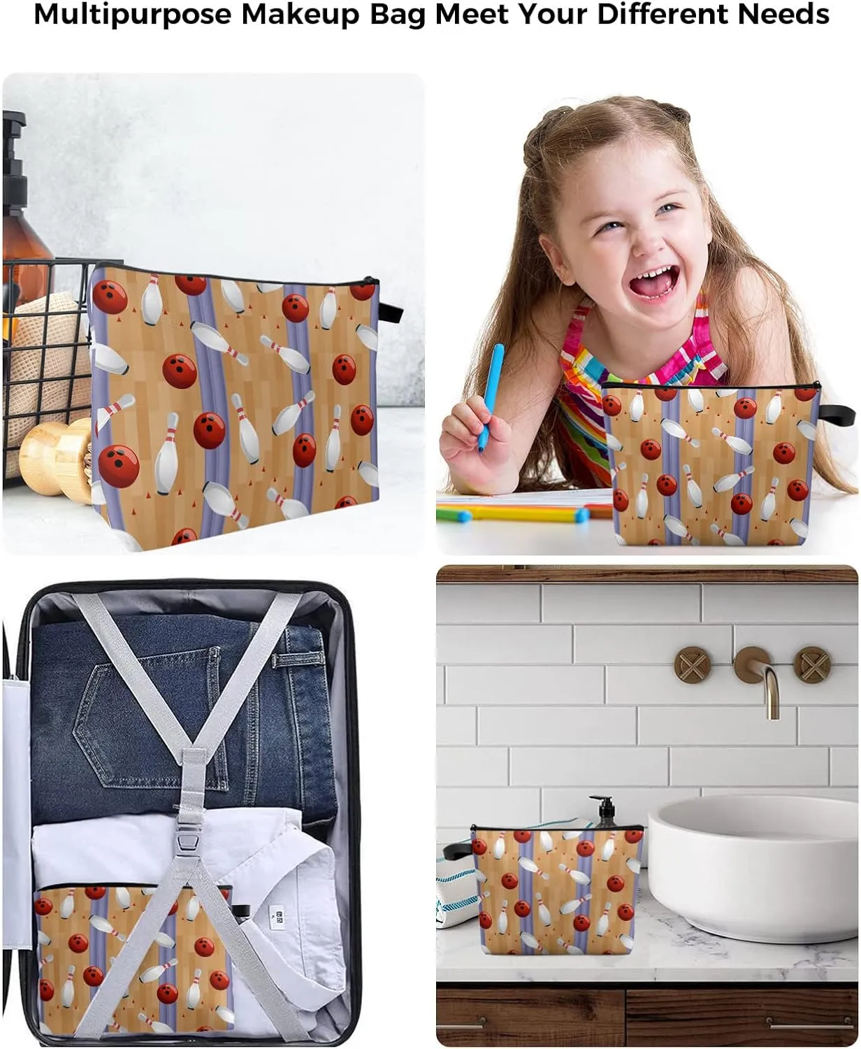 Bowling Game Cosmetic Bags for Women, Wood Bowling Track Sports Theme Small Makeup Bag for Purse, Waterproof Travel Toiletry Bag Accessories Organizer, 2PCS