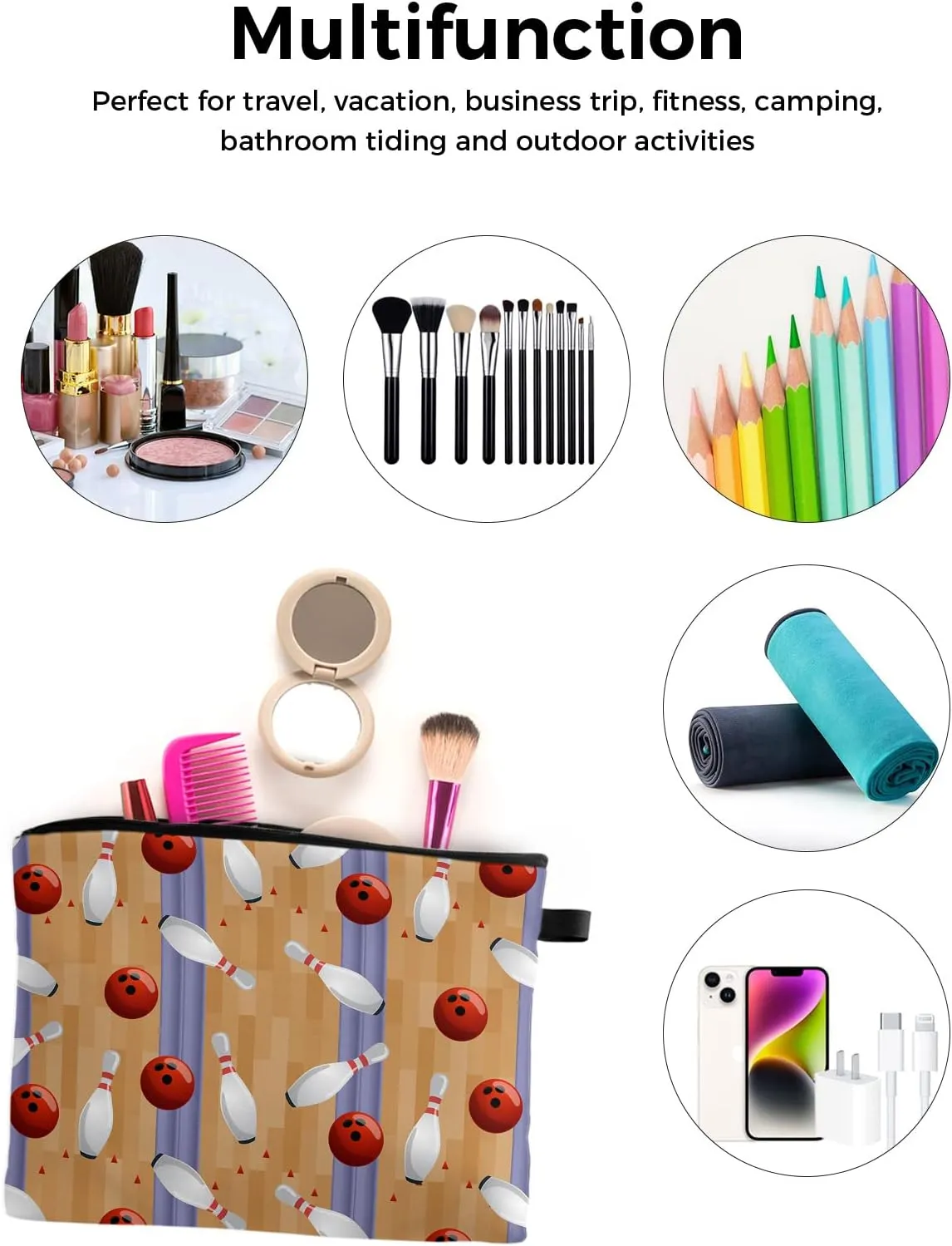 Bowling Game Cosmetic Bags for Women, Wood Bowling Track Sports Theme Small Makeup Bag for Purse, Waterproof Travel Toiletry Bag Accessories Organizer, 2PCS