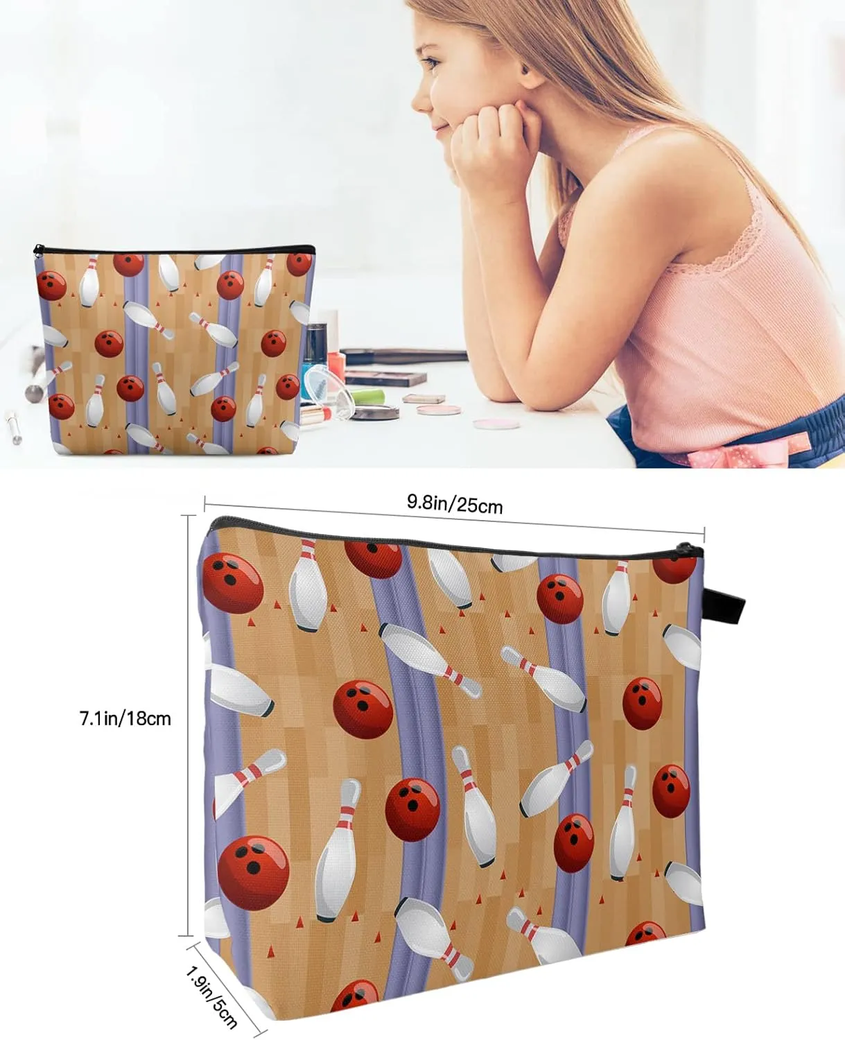 Bowling Game Cosmetic Bags for Women, Wood Bowling Track Sports Theme Small Makeup Bag for Purse, Waterproof Travel Toiletry Bag Accessories Organizer, 2PCS