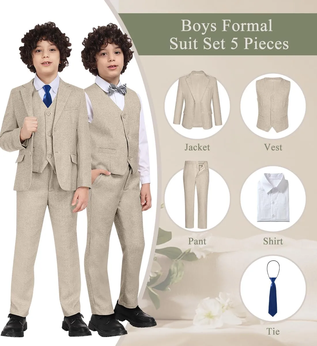 Boy Suits Tweed Herringbone 5 Piece Suits for Teen Boy Blazer Vest Pant Suit Tuxedo Set with Tie