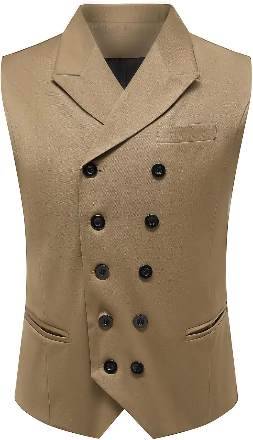 Boyland Men's Double Breasted Business Wedding Vests Dress Waistcoat 10 Buttons Closure V-Neck Suit Vest Slim Fit Plus Size