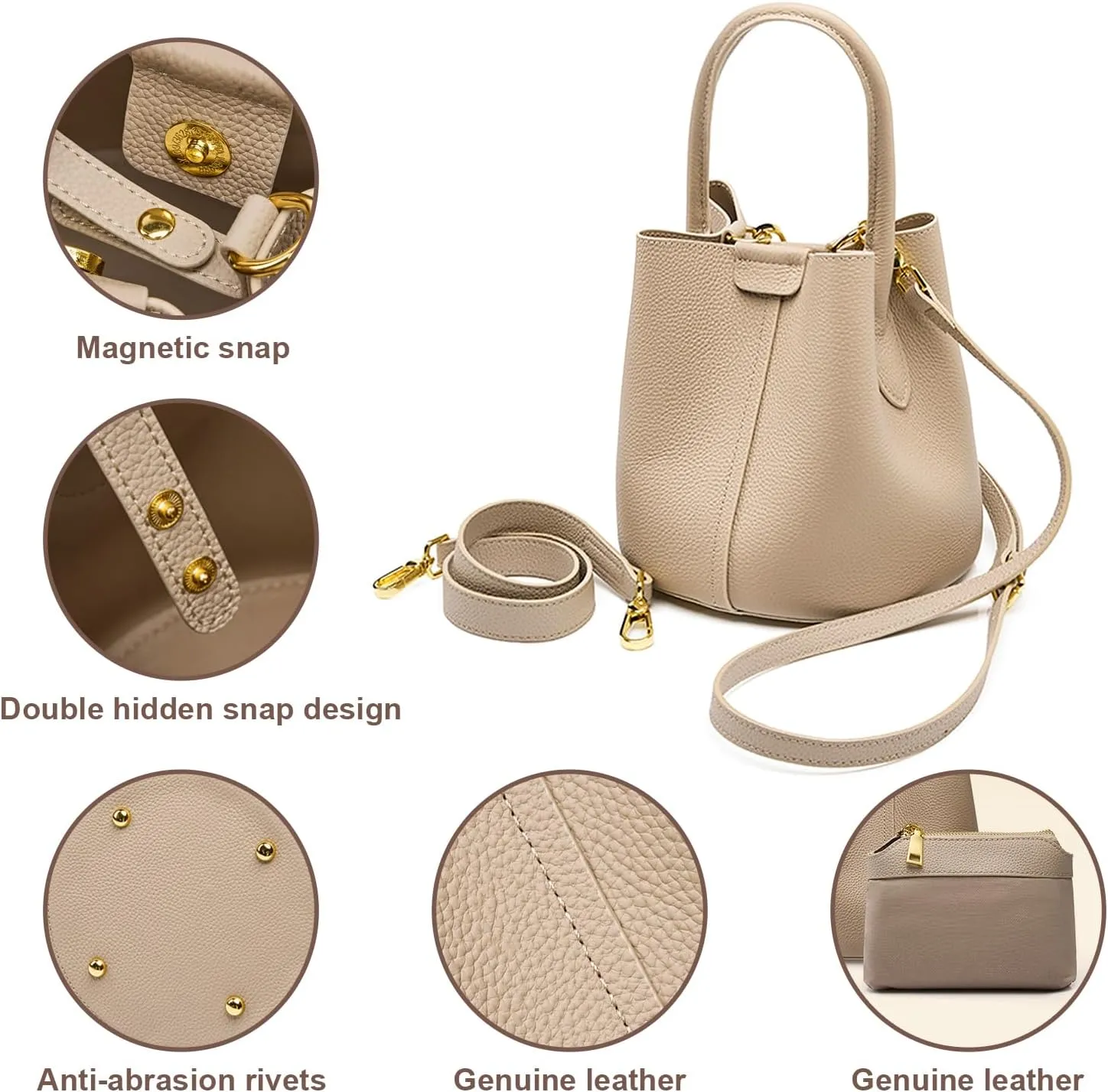 Bucket Bags for Women, Genuine Leather Crossbody Bags, Top-handle purses with an Adjustable Strap