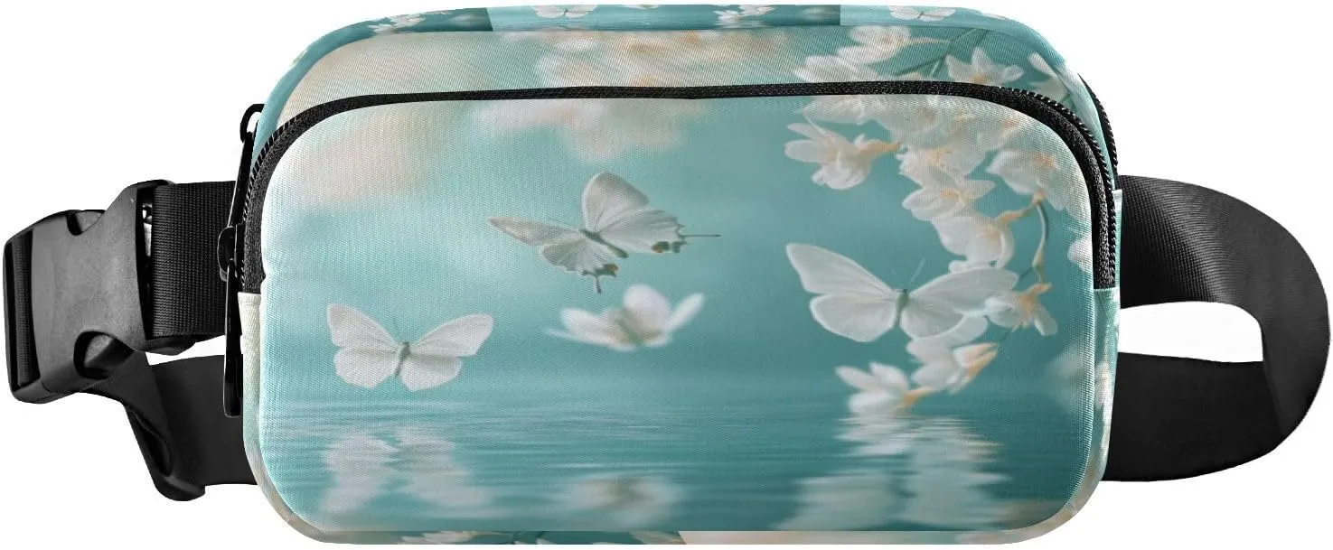 Butterfly Flower Water Teal Fanny Packs for Women Men Crossbody Bags Everywhere Belt Bag with Adjustable Strap Fashion Waist Pack for Running Daily Travel