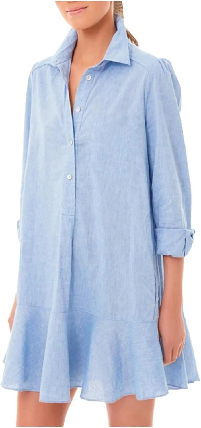 Button Down Shirt Dresses For Women 2025 Ruffle Flowy Casual Tunic Knee Length Mini Dresses Roll Up Sleeve Sundress