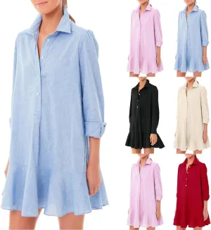 Button Down Shirt Dresses For Women 2025 Ruffle Flowy Casual Tunic Knee Length Mini Dresses Roll Up Sleeve Sundress