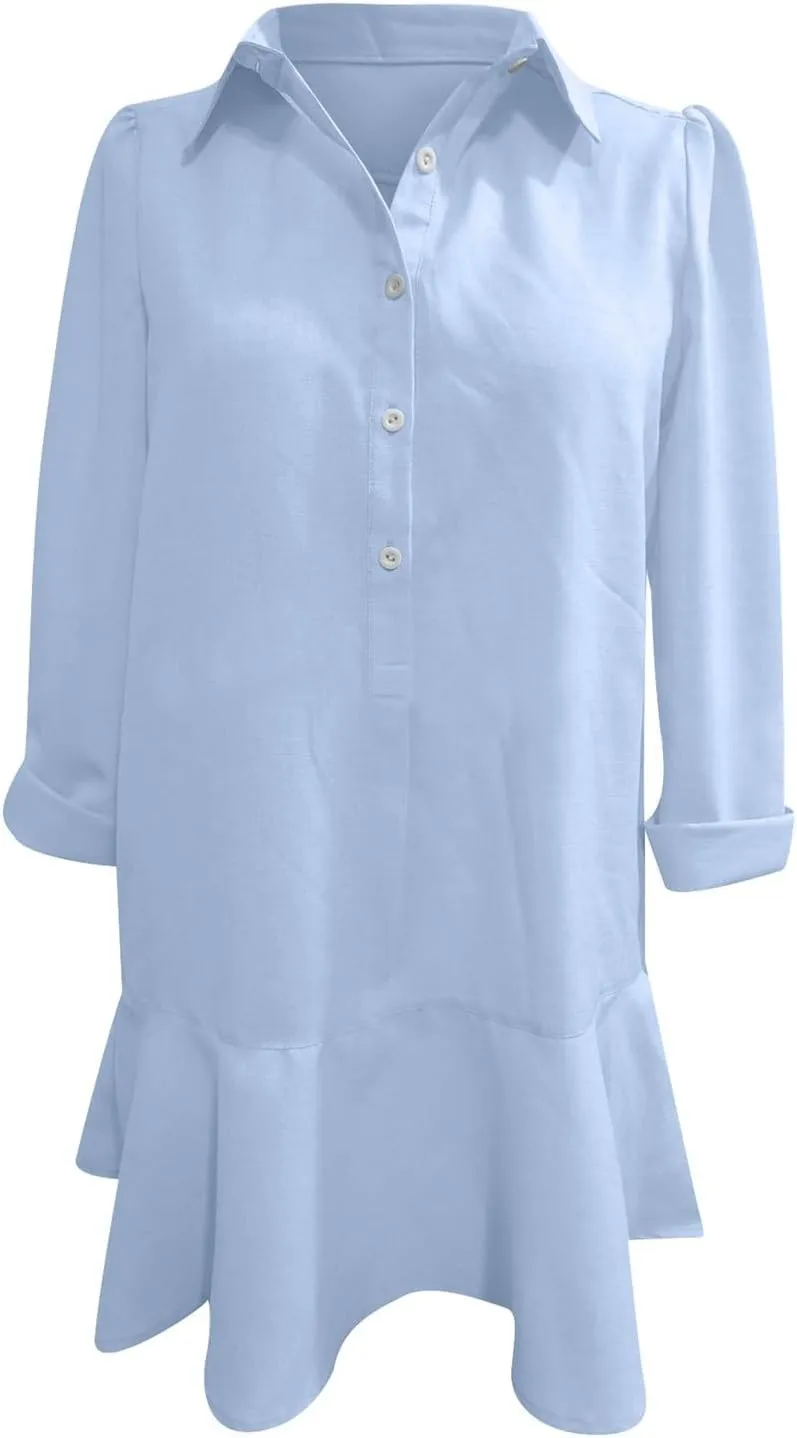 Button Down Shirt Dresses For Women 2025 Ruffle Flowy Casual Tunic Knee Length Mini Dresses Roll Up Sleeve Sundress