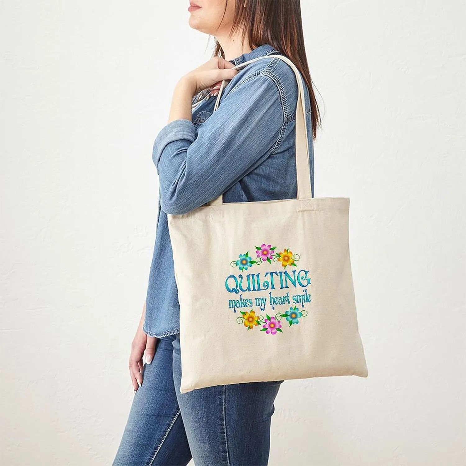 CafePress Quilting Smiles Tote Bag Reusable Natural Beige Canvas Shopping Bag