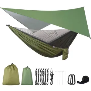 Camping Hammock with Mosquito Net Rain Fly Heavy Duty Tree Strap Nylon Parachute Single Double Hammock Tent Waterproof