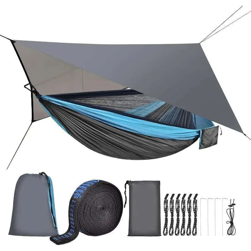 Camping Hammock with Mosquito Net Rain Fly Heavy Duty Tree Strap Nylon Parachute Single Double Hammock Tent Waterproof