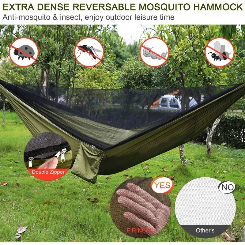 Camping Hammock with Mosquito Net Rain Fly Heavy Duty Tree Strap Nylon Parachute Single Double Hammock Tent Waterproof