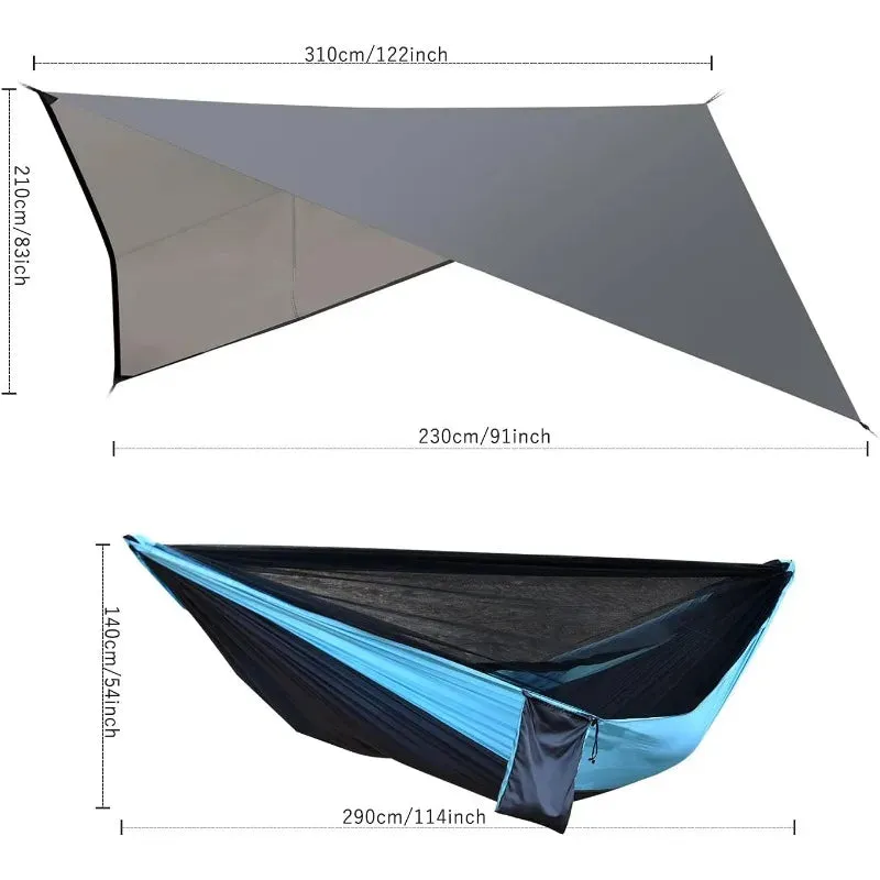 Camping Hammock with Mosquito Net Rain Fly Heavy Duty Tree Strap Nylon Parachute Single Double Hammock Tent Waterproof