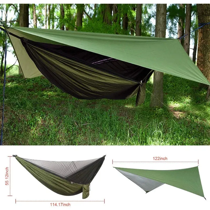 Camping Hammock with Mosquito Net Rain Fly Heavy Duty Tree Strap Nylon Parachute Single Double Hammock Tent Waterproof