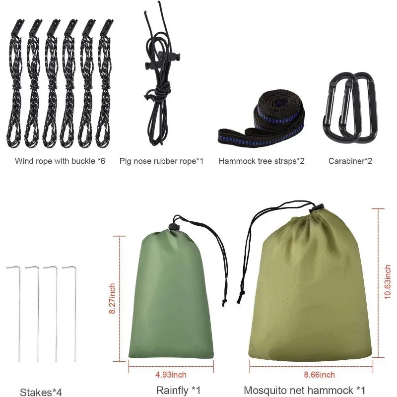 Camping Hammock with Mosquito Net Rain Fly Heavy Duty Tree Strap Nylon Parachute Single Double Hammock Tent Waterproof