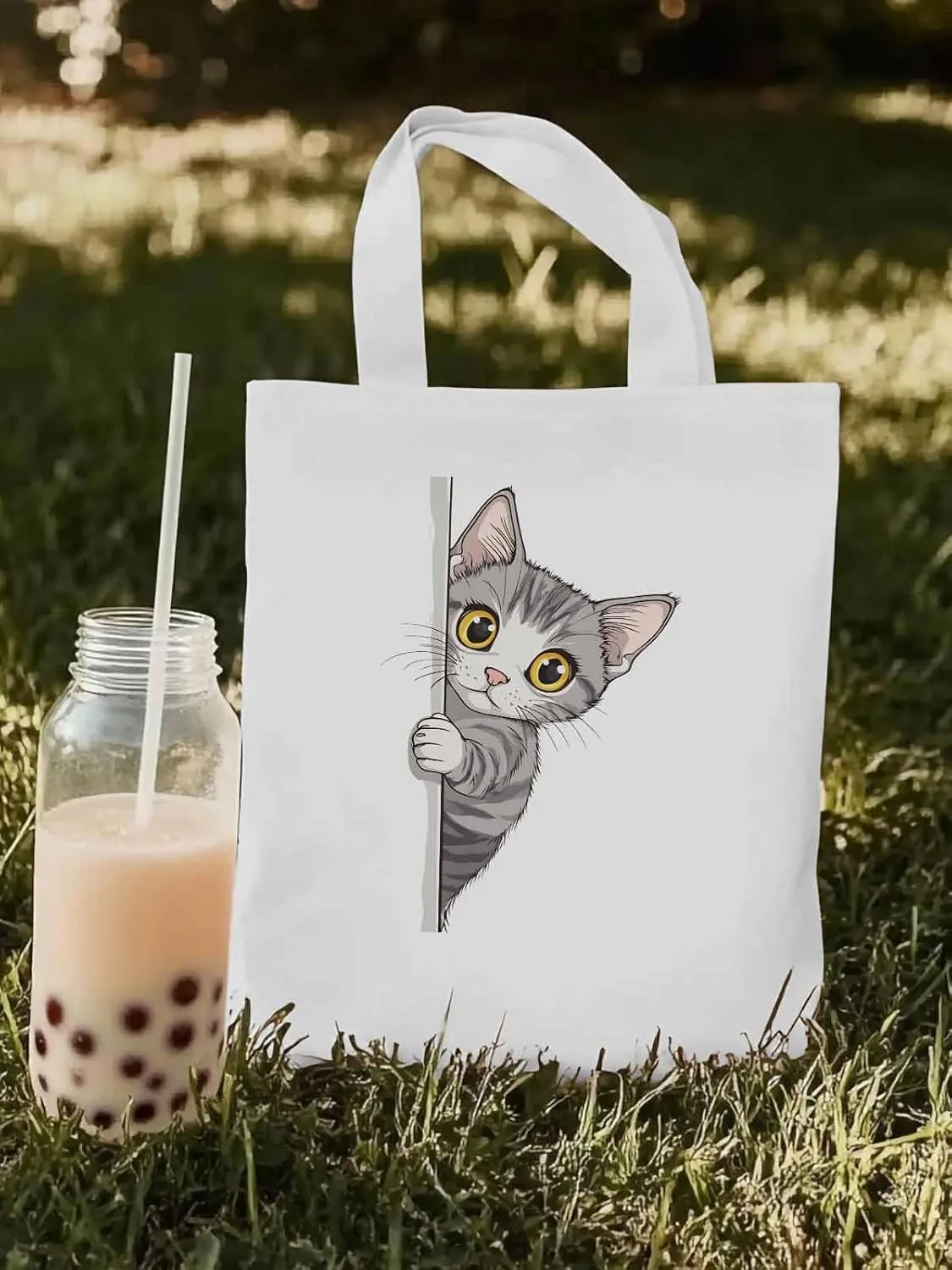 Canvas Tote Bag, Cute Cartoon Pet Cat Aesthetic Canvas Tote Handbags for Women Shoulder Bag,