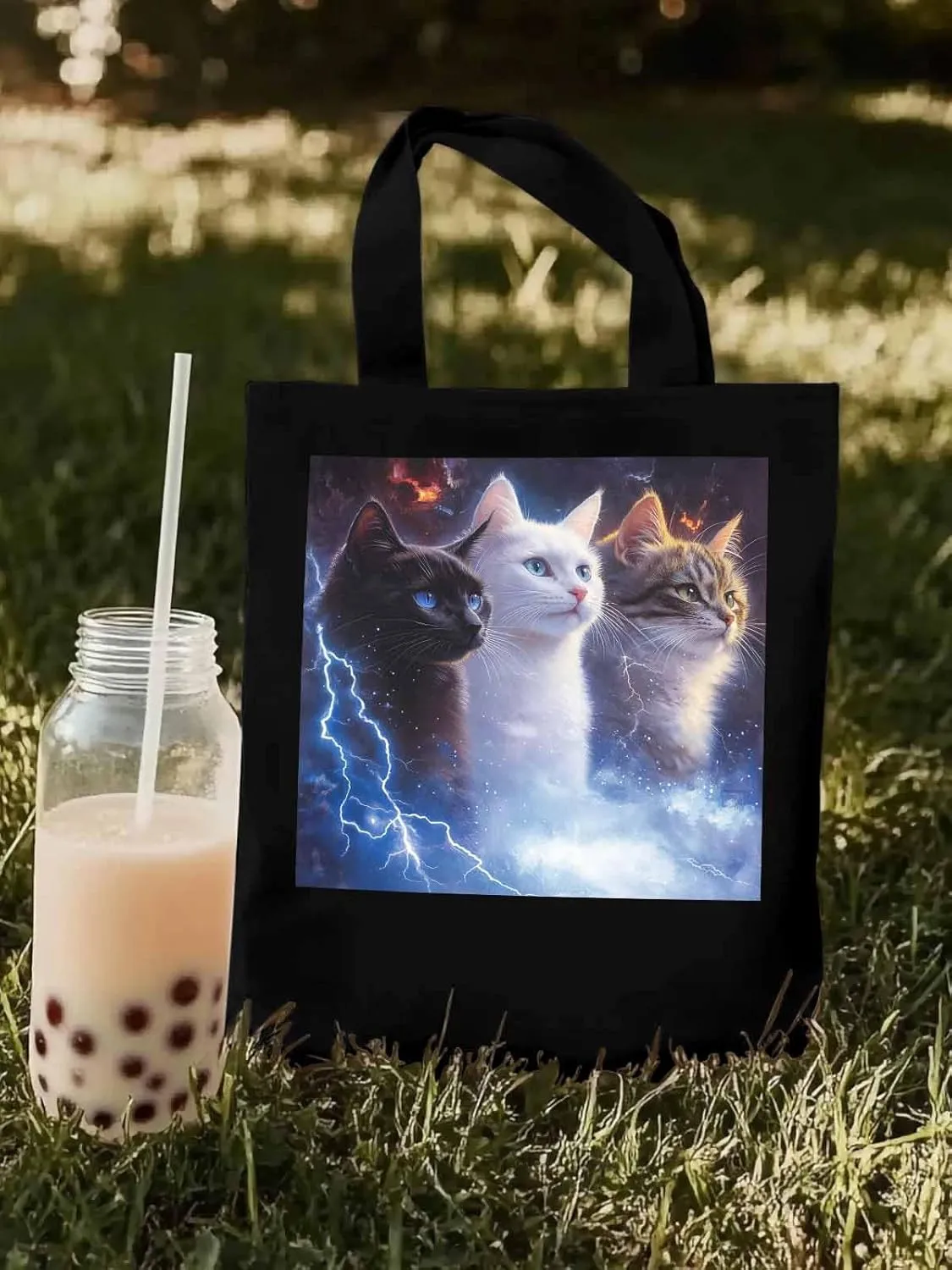 Canvas Tote Bag, Funny Cat Lightning Sky Aesthetic Canvas Tote Handbags for Women Shoulder Bag,