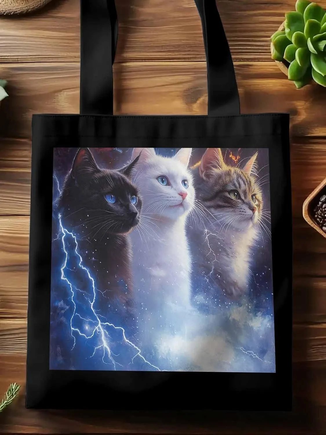 Canvas Tote Bag, Funny Cat Lightning Sky Aesthetic Canvas Tote Handbags for Women Shoulder Bag,