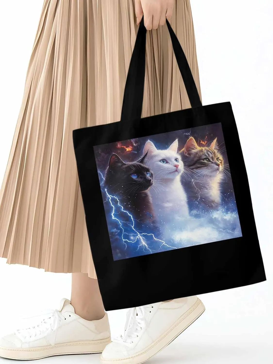Canvas Tote Bag, Funny Cat Lightning Sky Aesthetic Canvas Tote Handbags for Women Shoulder Bag,