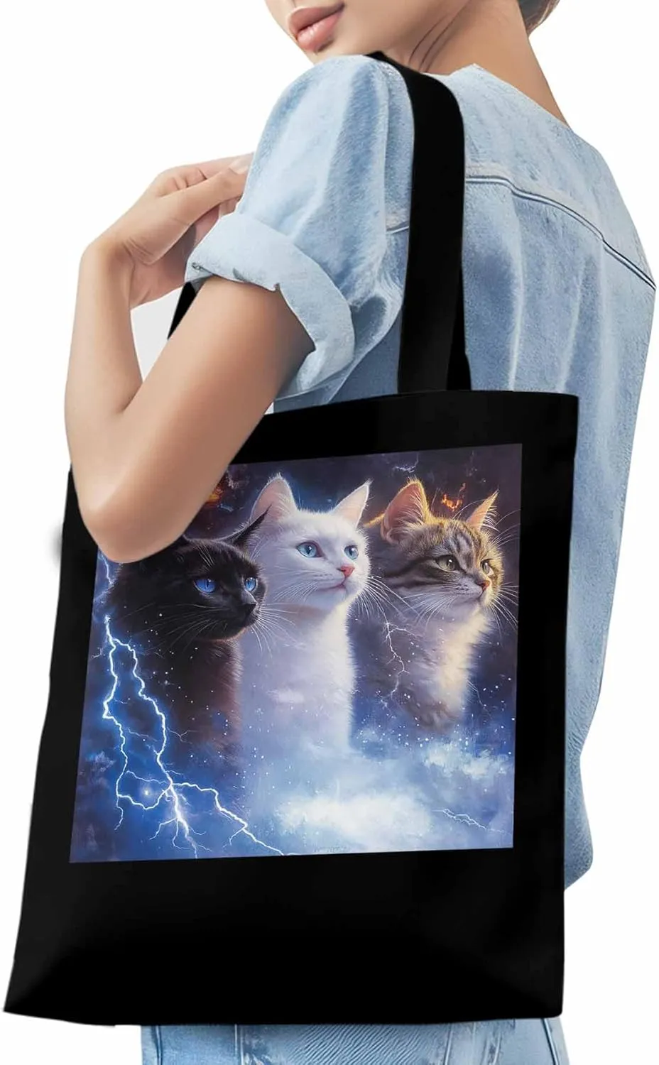 Canvas Tote Bag, Funny Cat Lightning Sky Aesthetic Canvas Tote Handbags for Women Shoulder Bag,