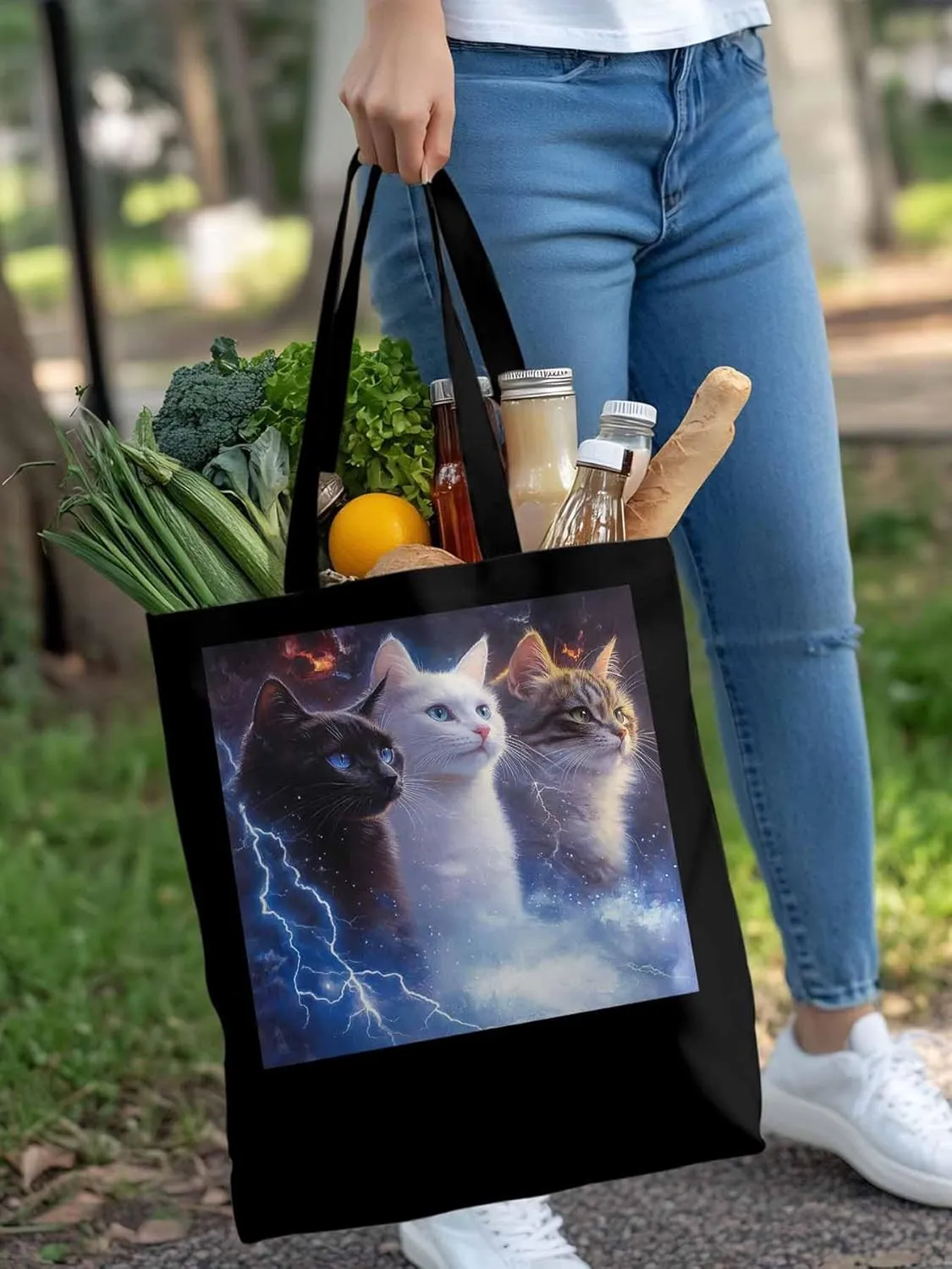 Canvas Tote Bag, Funny Cat Lightning Sky Aesthetic Canvas Tote Handbags for Women Shoulder Bag,