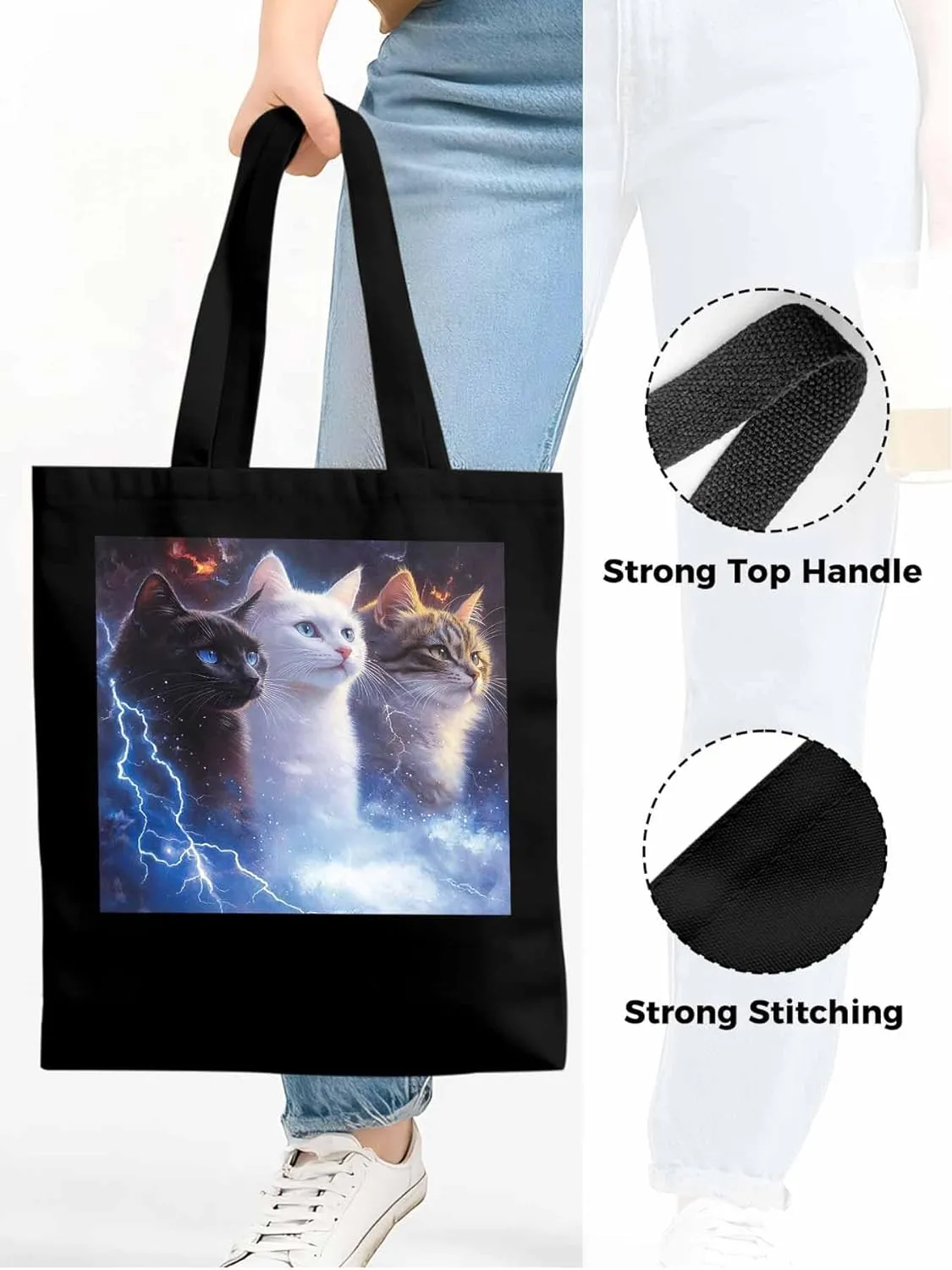 Canvas Tote Bag, Funny Cat Lightning Sky Aesthetic Canvas Tote Handbags for Women Shoulder Bag,
