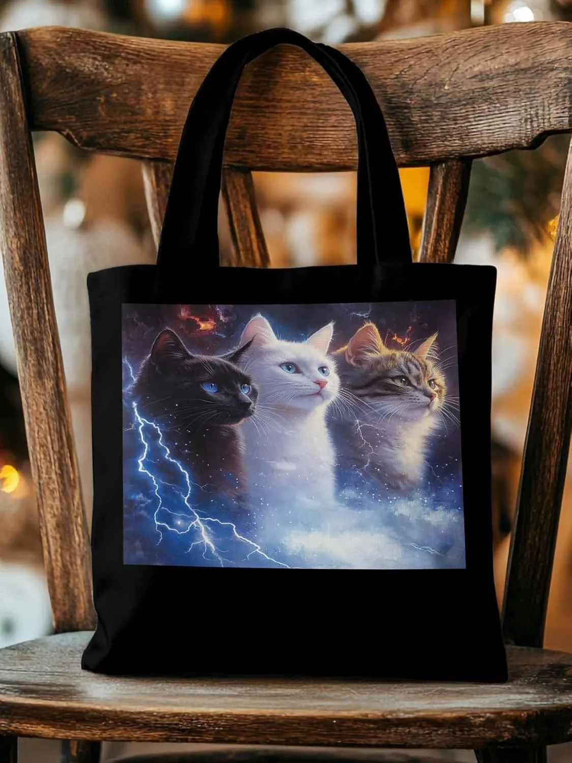 Canvas Tote Bag, Funny Cat Lightning Sky Aesthetic Canvas Tote Handbags for Women Shoulder Bag,
