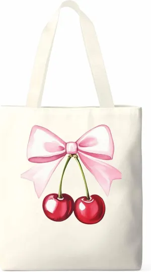 Canvas Tote Bag, Pink Bow Cherry Fruit Aesthetic Canvas Tote Handbags for Women Shoulder Bag,