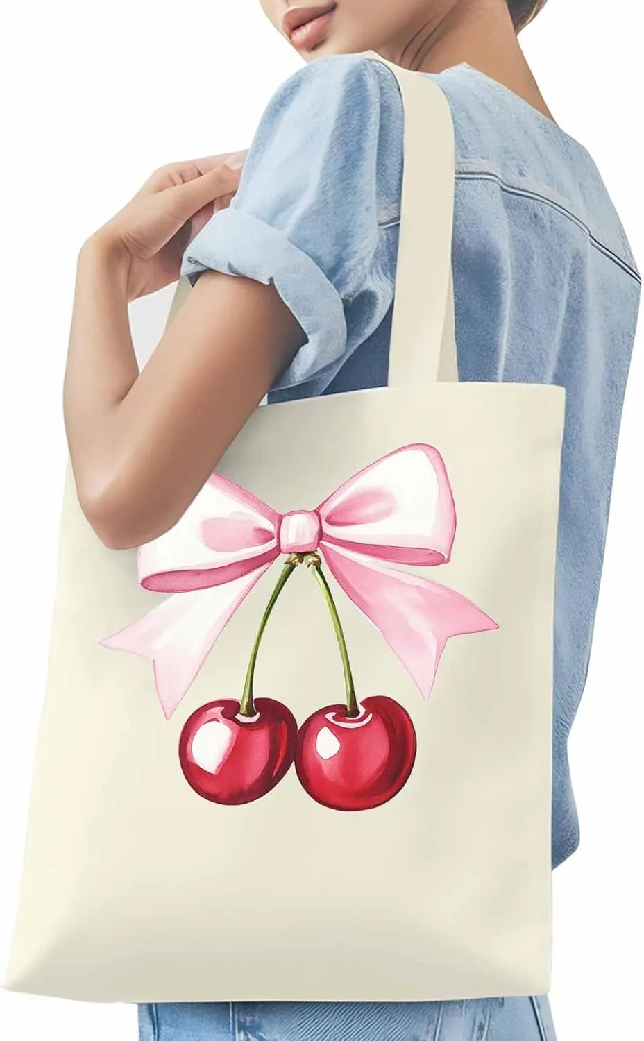 Canvas Tote Bag, Pink Bow Cherry Fruit Aesthetic Canvas Tote Handbags for Women Shoulder Bag,