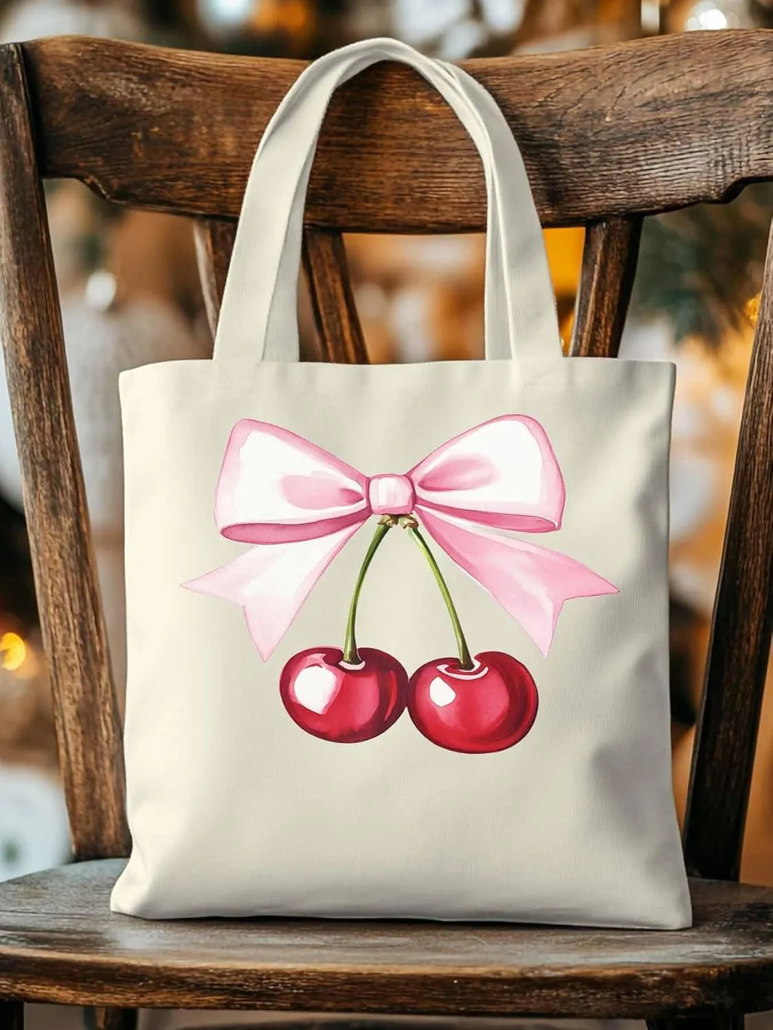 Canvas Tote Bag, Pink Bow Cherry Fruit Aesthetic Canvas Tote Handbags for Women Shoulder Bag,