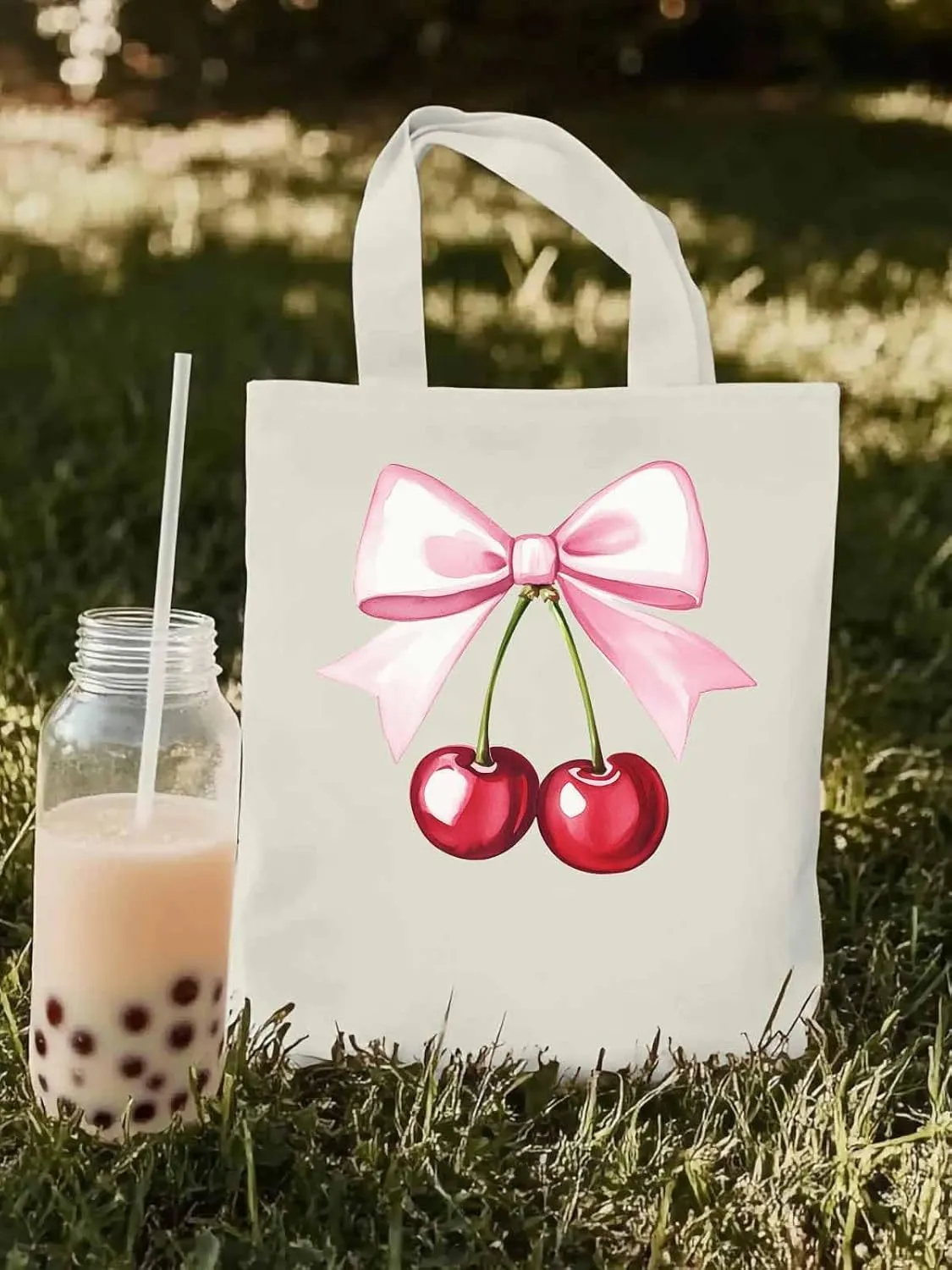 Canvas Tote Bag, Pink Bow Cherry Fruit Aesthetic Canvas Tote Handbags for Women Shoulder Bag,