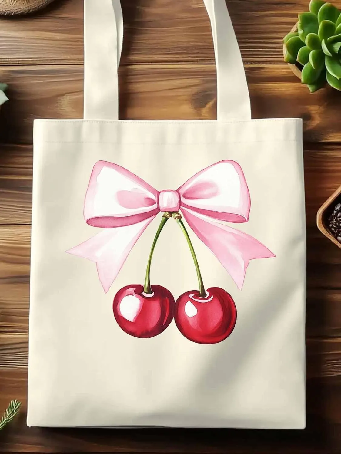 Canvas Tote Bag, Pink Bow Cherry Fruit Aesthetic Canvas Tote Handbags for Women Shoulder Bag,